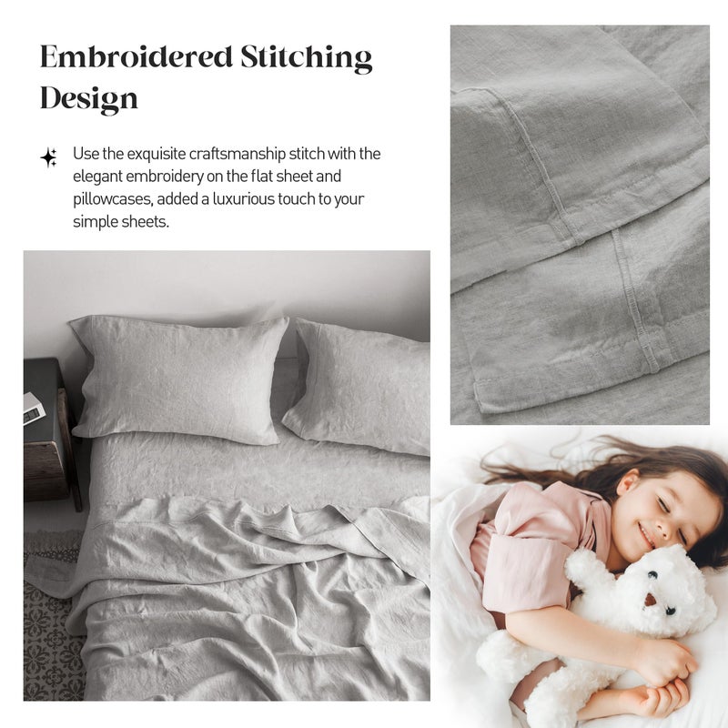 Simple&Opulence 100% Pure Linen Sheet Set Full Size, Natural French Flax Solid Color 4 Pcs Washed Breathable, Farmhouse Bedding (1 Flat Sheet,1 Fitted Sheet,2 Pillowcases)-Embroidery Grey - Image 4